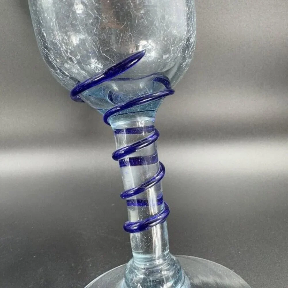 Hand‎ Blown Crackle Glass Goblet Drinking Glasses Set 2 Clear Blue Swirl Goblets